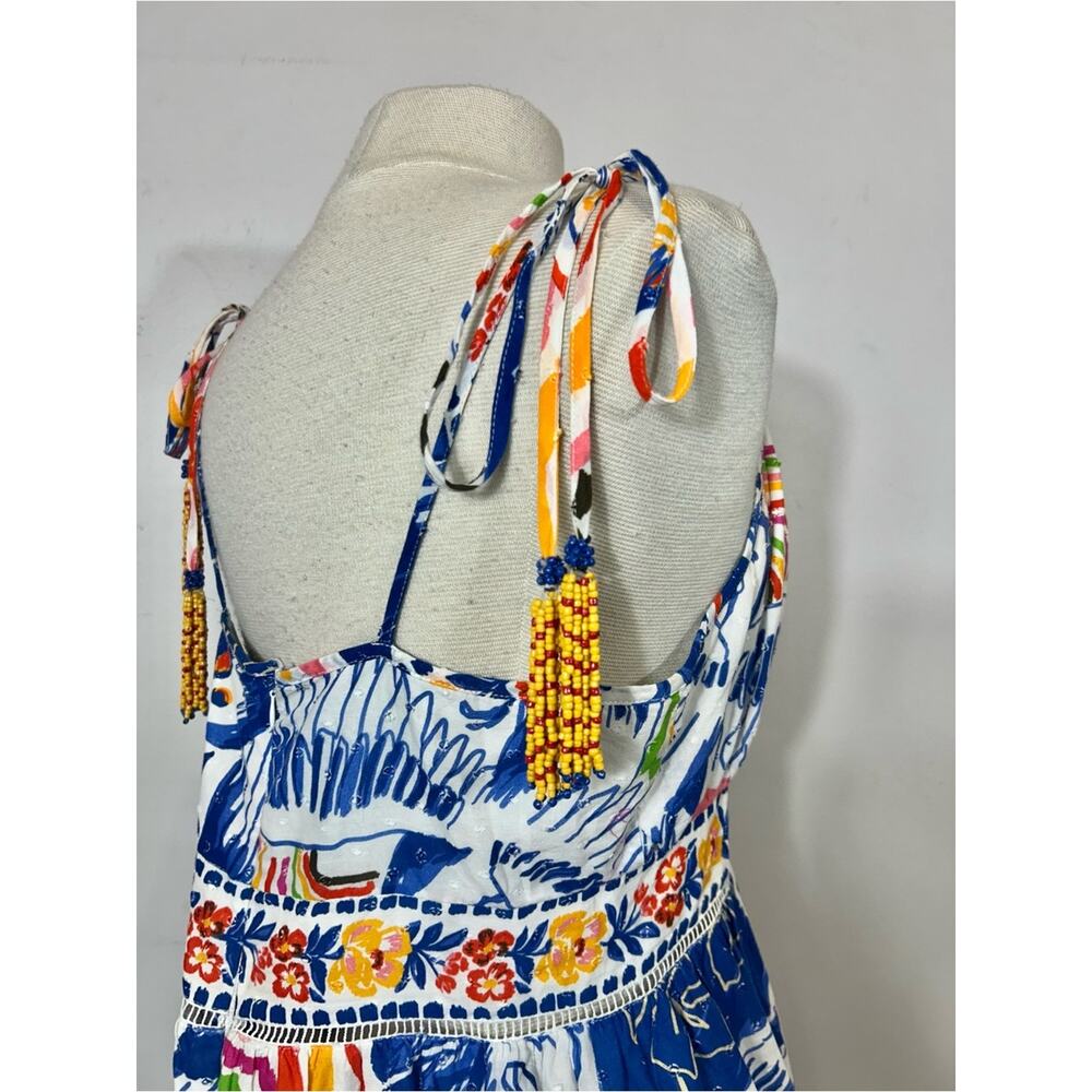 FARM Rio Tropical Toucan Bird Mini Dress Medium Beaded Tassel Pom Pom Trim - Picture 9 of 12